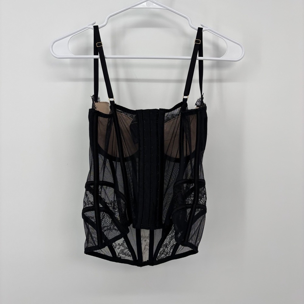 Victoria Secret Lingerie Bustier Corset 36C Black Lace Sheer Boned Underwire - Picture 2 of 6